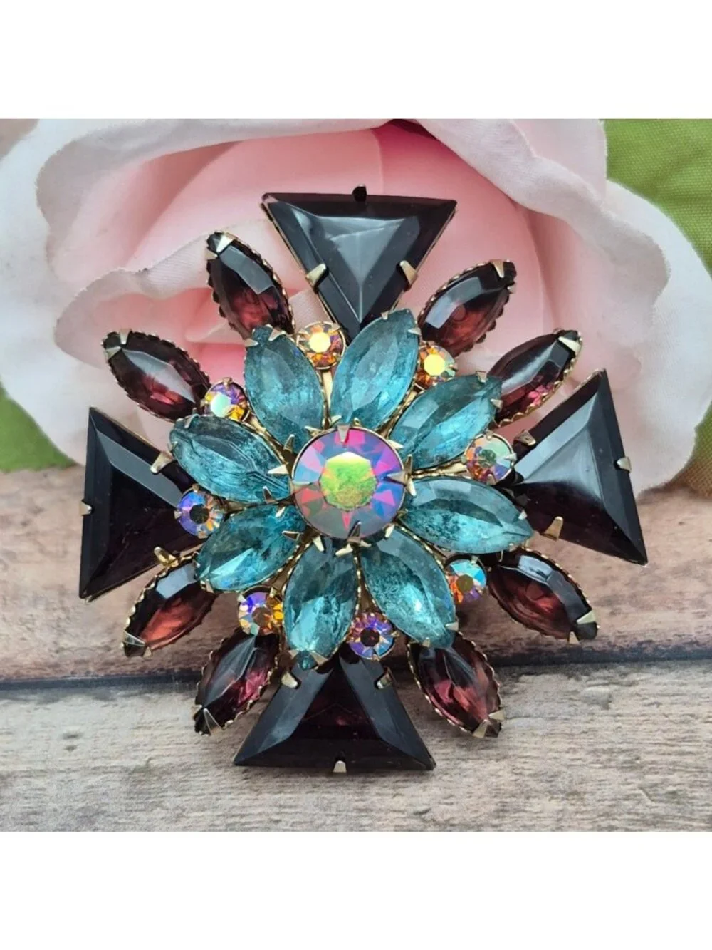 VTG Maltese Cross Rhinestone Brooch Blue Purple AB Rinestone Statement 2.25”